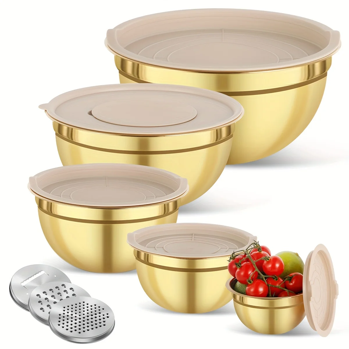 Kitchen Baking Bowls - 10-Piece Gold Stainless Steel Mixing Bowl